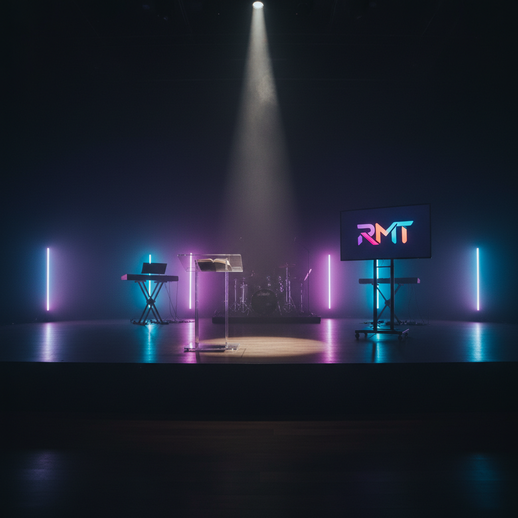 An energetic worship stage setup for a youth church event, intentionally empty of performers: a sleek wooden platform holds a modern acrylic lectern with a small open Bible, a minimal metal stand supporting an LED screen showing a colorful RMT logo, and a drum kit and keyboard silhouetted in the background. Vertical LED bars on either side glow in gradient purples and blues, casting vivid reflections on the glossy dark floor. Haze from a light fog machine catches the beams, adding depth and drama. Overhead spotlights create a bright, focused pool of light at the center, while the rest of the room falls into soft, ambient shadow. Shot from a low angle in cinematic photographic realism, the mood is expectant, vibrant, and youthfully playful.