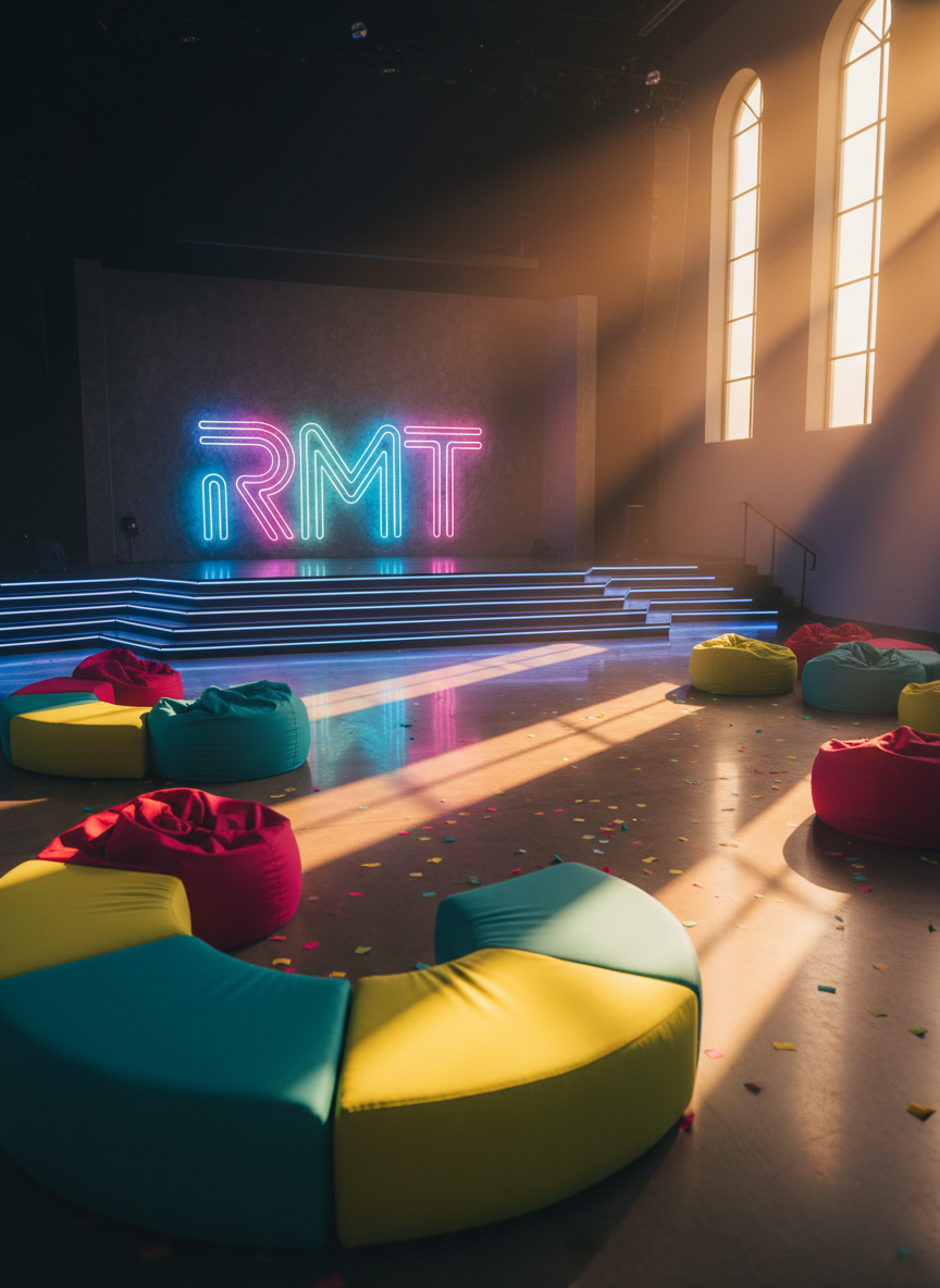 A vibrant, modern youth church stage without people, featuring a large illuminated RMT logo made of frosted acrylic and backlit with shifting neon blues and pinks. Plush beanbags and low modular couches in bright, playful colors form relaxed seating circles in the foreground. LED strip lights trace the edges of the platform and steps, reflecting off a polished concrete floor scattered with colorful confetti. Soft, cinematic golden hour lighting filters through high windows, mixing with the cool stage lights to create a joyful, energetic glow. Shot at eye level with a wide lens, the composition emphasizes depth from the cozy seating to the dynamic stage, in clean, photographic realism with a playful, youth-focused atmosphere.