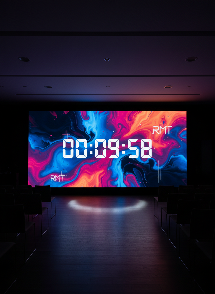A stylized countdown screen concept for a youth church event, displayed on a large frameless LED wall inside a darkened worship space. The bold white numbers of a digital countdown timer glow at center over an abstract, swirling background of electric blues, pinks, and oranges, reminiscent of paint in motion. Subtle, translucent crosses and the RMT initials float in the backdrop. A faint rim of reflected light spills onto the polished floor directly below the screen. Soft, colored ambient overhead lighting keeps the surrounding room in deep shadow, emphasizing the vibrant display. Shot straight-on in crisp photographic realism with slight depth-of-field blur around the edges, the mood is high-energy, expectant, and playful, perfect for building anticipation before a youth church event.