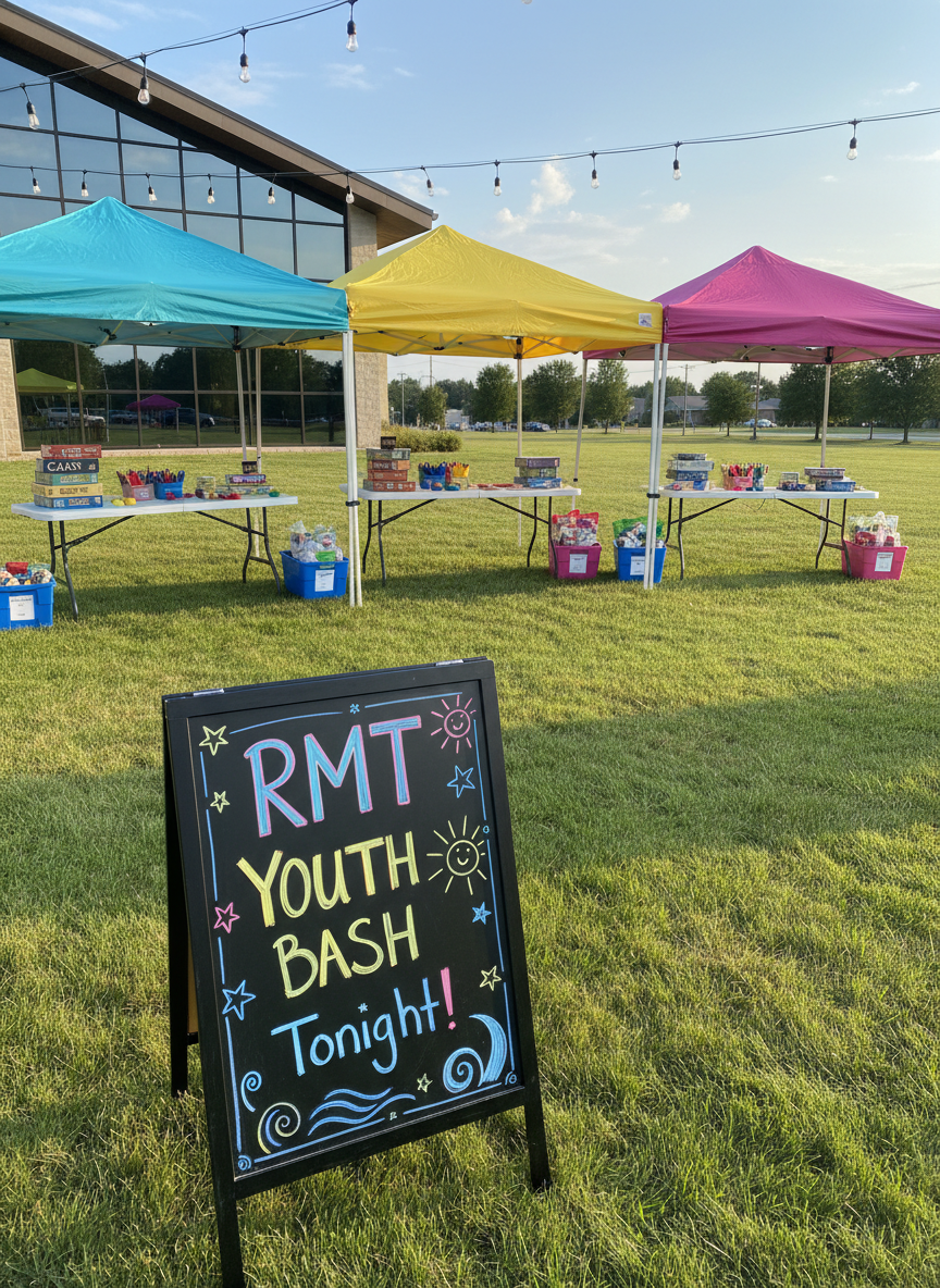 A playful outdoor church lawn setup for an RMT youth summer event, with no people present: colorful pop-up canopies in teal, yellow, and magenta dot the green grass, each sheltering folding tables stacked with board games, blank sign-up sheets, and plastic tubs of craft supplies. A freestanding chalkboard sign near the foreground reads “RMT Youth Bash Tonight” in bright chalk lettering with doodled stars and waves. String lights crisscross overhead, unlit in the soft late afternoon sunlight that casts long, gentle shadows. In the distance, a modern church building with large windows reflects the sky. Photographed at eye level with a wide-angle lens in crisp photographic realism, the atmosphere feels festive, welcoming, and energetic, ready for youth to arrive.
