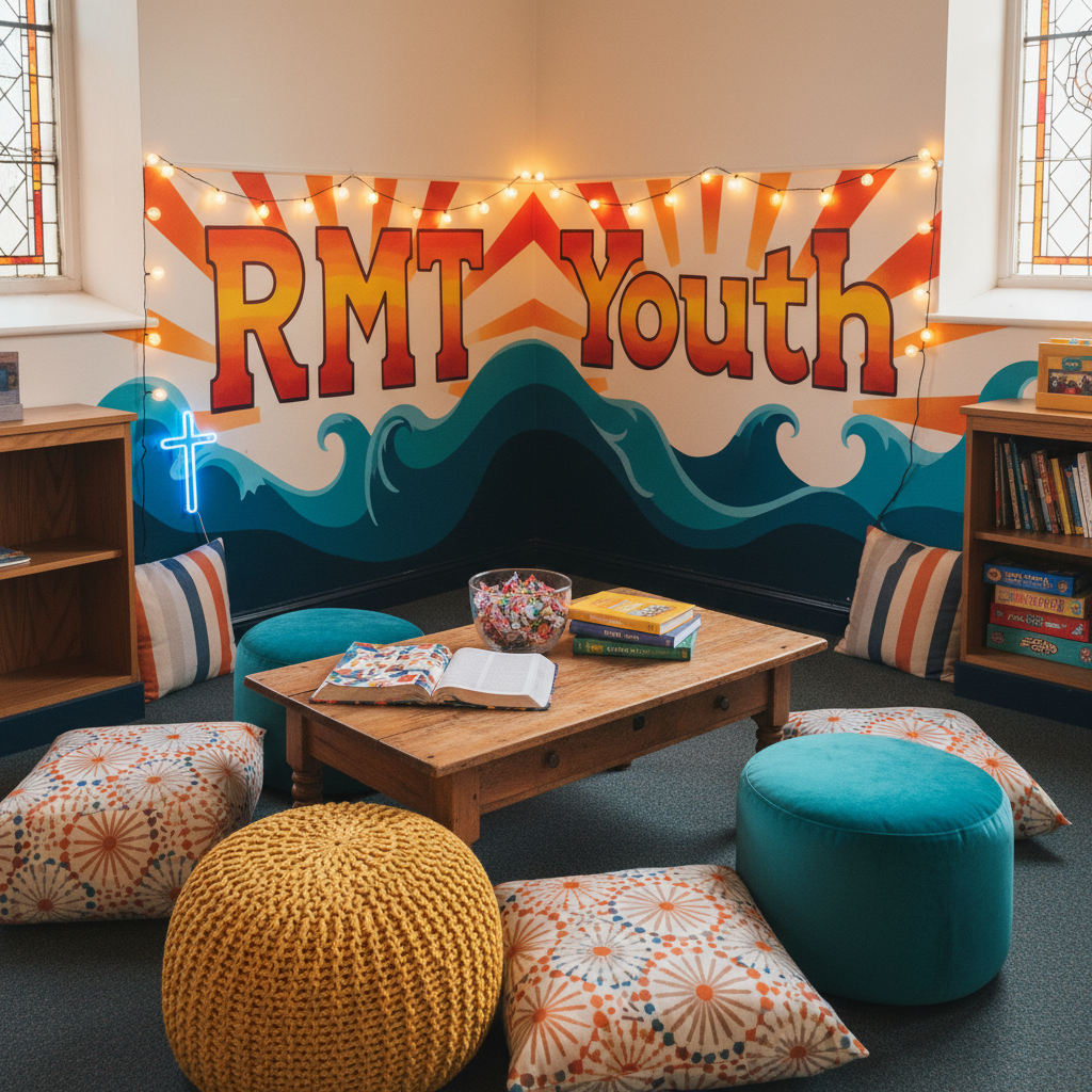 A cozy youth hangout corner inside a church building, empty yet ready for an event: a low wooden coffee table topped with a colorful Bible, a stack of youth-focused devotionals, and a bowl of wrapped candies. Surrounding the table are mismatched but stylish poufs and soft floor cushions in playful patterns. A wall behind features a bold, painted mural reading “RMT Youth” with abstract waves and sunburst shapes in bright oranges, blues, and yellows. String lights and a small neon cross add a subtle glow as soft overhead lighting creates warm, inviting tones. Captured from a slightly elevated angle in photographic realism, the image feels welcoming, playful, and faith-centered without showing any people.