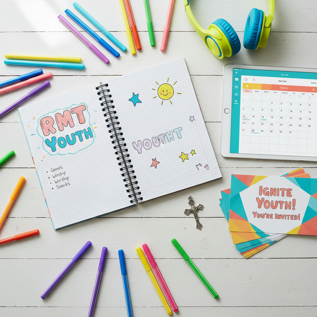 A dynamic flat-lay of youth church event planning materials arranged playfully on a white wooden table: a spiral notebook open to a page titled “RMT Youth Night,” colorful gel pens scattered around, a tablet showing a calendar with highlighted event dates, and a stack of glossy invitation cards with abstract shapes in teal, coral, and yellow. A small metal cross charm rests near a pair of neon headphones, hinting at worship music. Soft natural window light from the left creates gentle shadows and subtle paper texture. Shot from a bird’s-eye view with crisp detail and a bright, clean background, the photographic style feels modern, organized, and fun, emphasizing excitement for upcoming church events without any people present.