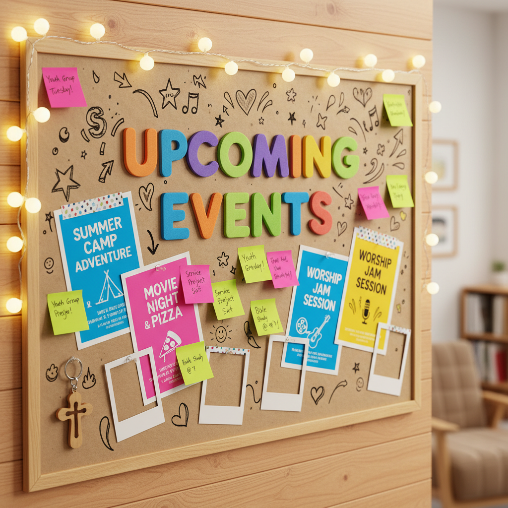 A close-up of a playful church events bulletin board designed for youth, with thick kraft paper backing, colorful sticky notes, glossy event flyers, and handwritten doodles around the words “UPCOMING EVENTS” cut from bold foam letters. A small wooden cross keychain hangs from a pushpin, and vibrant washi tapes hold polaroid-style blank photo frames in place. The board is mounted on a light wooden wall with fairy lights draped loosely along the top edge, casting warm, cozy highlights and soft shadows. Photographed straight on with sharp focus and a slightly blurred room background, the scene feels inviting, creative, and energetic, in bright photographic realism perfect for showcasing RMT youth church activities.